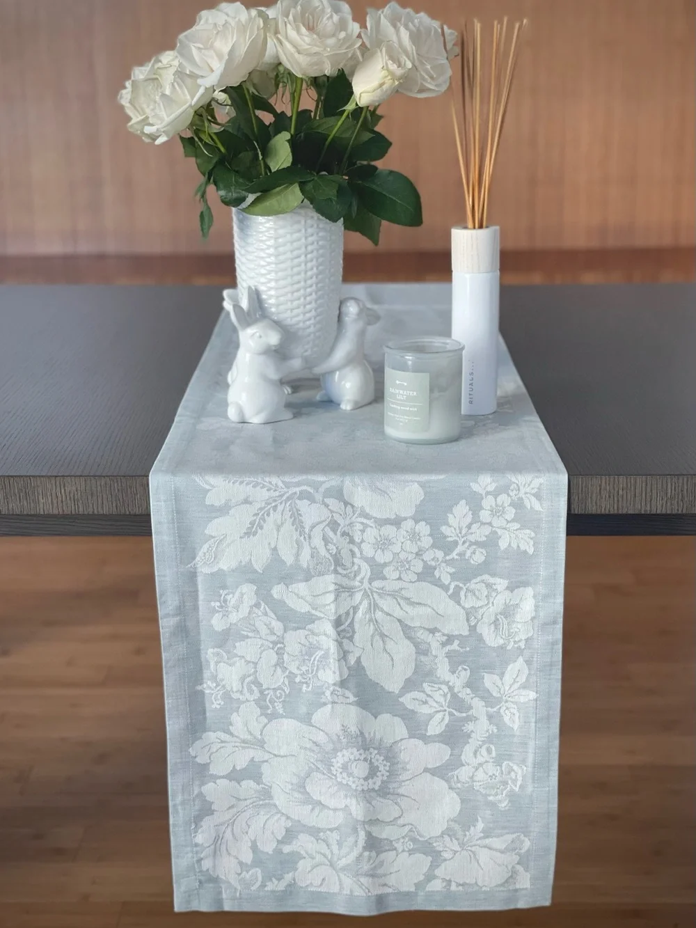 Williams Sonoma Jacquard Tablerunner Lightly Blue Floral Bloom 16x108’ NEW